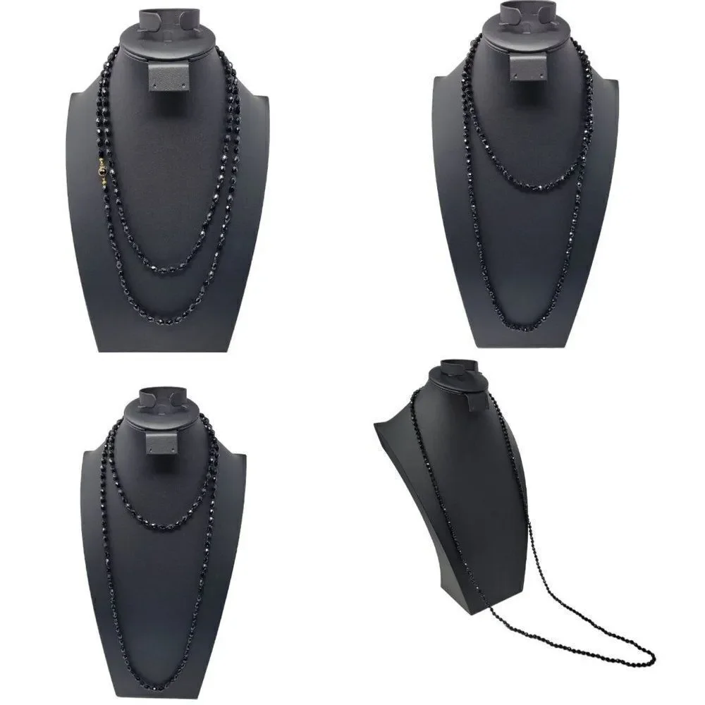 Vintage Signed Austrian Black Glass Beaded Flapper‎ Necklace Oblong Bicone Long